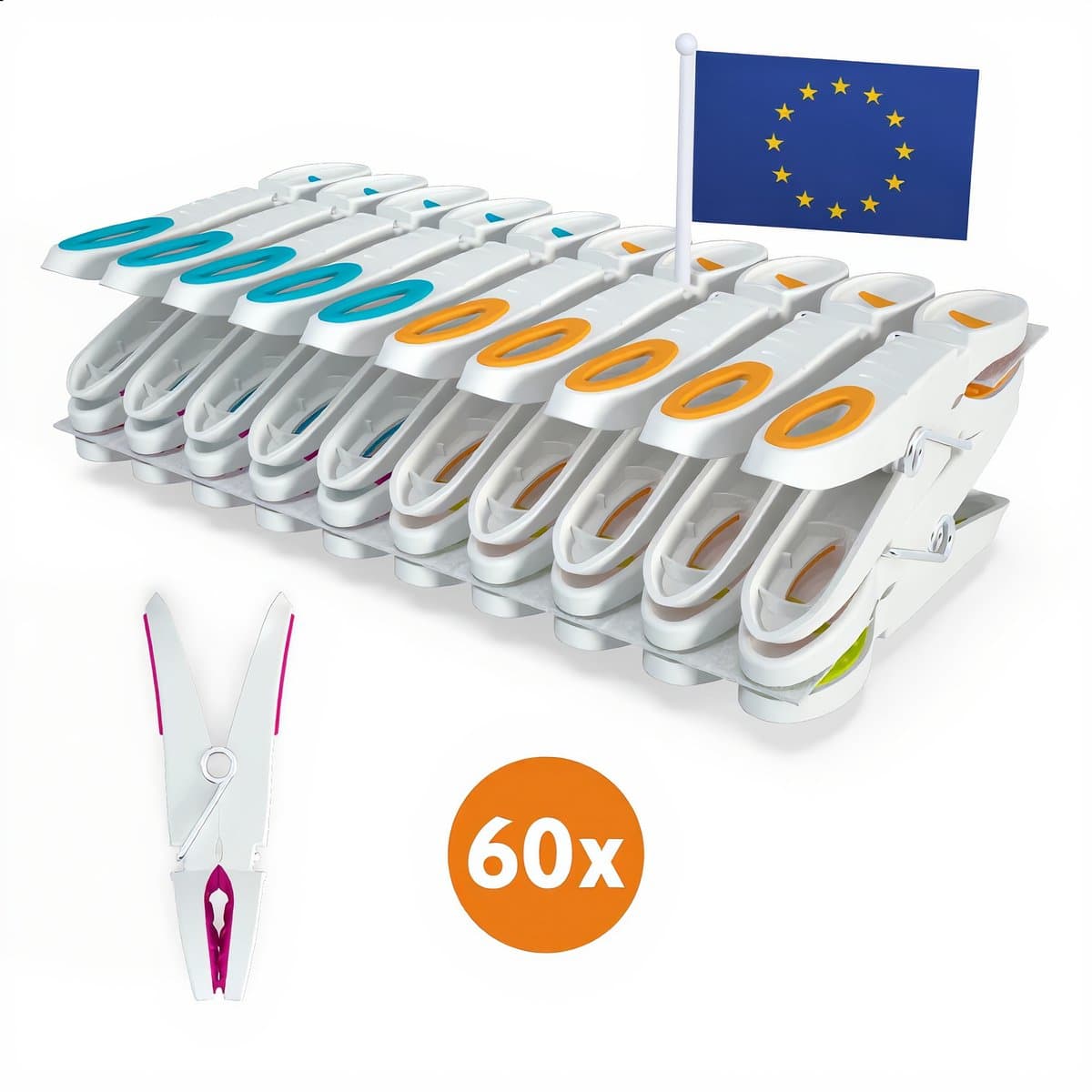 LaundrySpecialist Wasknijpers soft grip - Wit/multicolor - 60 stuks - extra lang en stevig - wasknijpers plastic - wasknijpers kunststof - gekleurde knijpers - Made in EU — afbeelding 1
