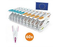 LaundrySpecialist Wasknijpers soft grip - Wit/multicolor - 60 stuks - extra lang en stevig - wasknijpers plastic - wasknijpers kunststof - gekleurde knijpers - Made in EU — afbeelding 1