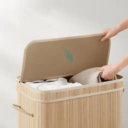 Wasmand Vuilewasmand met deksel handgrepen en uitneembare waszak Grote capaciteit van 100 liter opbergruimte Stevig en duurzaam bamboe frame Stijlvolle, eenvoudige en moderne uitstraling 34,5 x 54,5 x 61 cm naturel — thumbnail 5