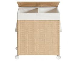 Dubbele wasmand met verdeler 46,5×37,5×65 cm 100L, met wielen, deksel, handvat en afneembare waszak, rotan-look, stevig en duurzaam, water- en verouderingsbestendig, geschikt voor wasruimte en badkamer