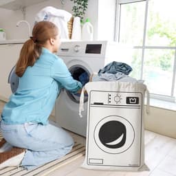 Waszak - Met Wasmachine Print - 60 x 80 cm - Grote waszak - Wasgoed Opbergtas met Trekkoord - Badkamer Was Zak - Laundry Bag - Reiswaszak - Waszakken voor wasgoed - Opbergtas - Waszakken - Wit/Zwart — thumbnail 3