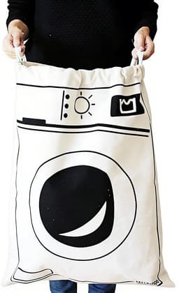 Waszak - Met Wasmachine Print - 60 x 80 cm - Grote waszak - Wasgoed Opbergtas met Trekkoord - Badkamer Was Zak - Laundry Bag - Reiswaszak - Waszakken voor wasgoed - Opbergtas - Waszakken - Wit/Zwart — thumbnail 1