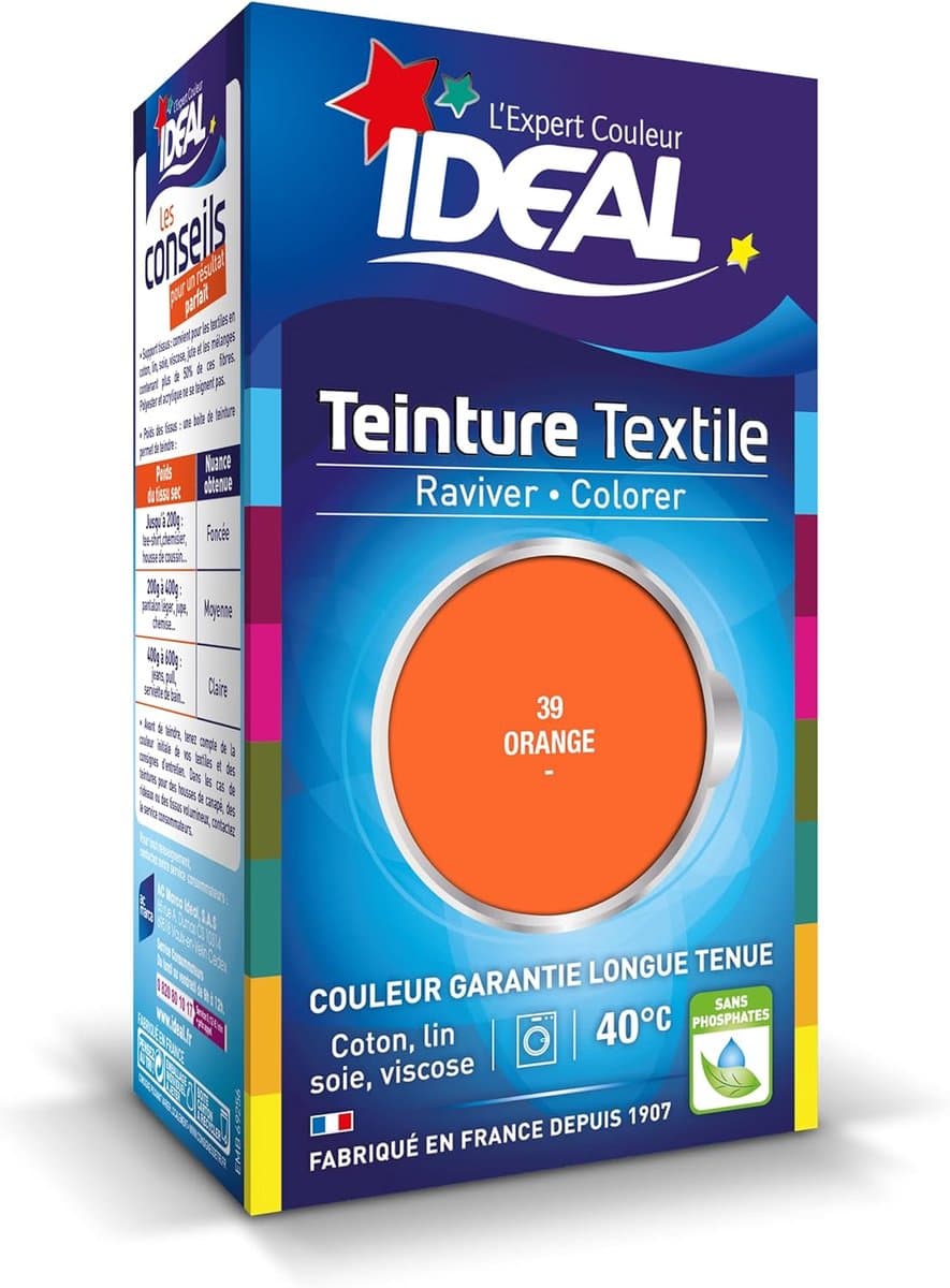 IDEAL Liquid Dye Mini 39 Orange – Vloeibare Textielverf – Heldere Oranje Kleur – Voor Katoen, Linnen, Zijde & Viscose – 40°C – Made in France — afbeelding 1