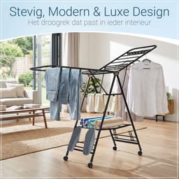 DRYVORA – Inklapbaar Droogrek & Wasrek Zwart – 25m Droogruimte – 168 x 47 x 100 cm – Stevig Modern Rek met 3 Lagen, Wielen met Remmen, Schoenendrogers & Kleerhangerrails – Voor Binnen & Buiten — thumbnail 2