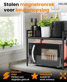 Magnetronrek (2 standen) – zwart – hoge stabiliteit met antislip en rubberen voetjes – in hoogte en lengte verstelbaar magnetronrek van 40–64 cm – inclusief gereedschap, handleiding en 8 haken — thumbnail 2