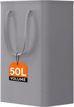 Wasmand Smal - Wasverzamelaar Opvouwbaar - Ruimtebesparend Opbergen - Stevig Metalen Frame - 50 Liter 41x22x55cm - Grijs — thumbnail 1