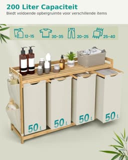 Wasmand 4 Vakken - Bamboe Laundry Sorter - 200L - Met Opbergplank & Zijvakken - Wit — thumbnail 3