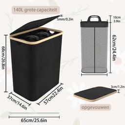 ACXIN Opvouwbare Wasmand met Deksel - 3 Vakken Wassorter - 140 Liter - Zwart — thumbnail 2