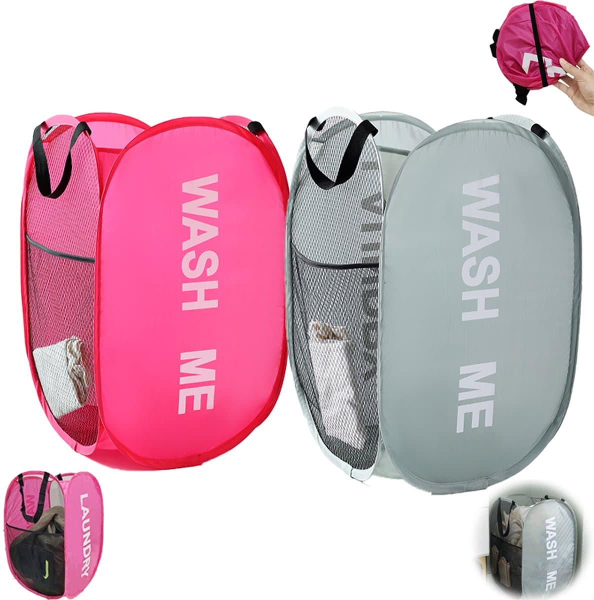 2 stuks - Wasmand van gaas met handvat - Opvouwbare wasmand van gaas - Opvouwbare wasmand - Opvouwbare waszak - Wasmand van gaas met handvat - Opbergdoos voor vuile was - Grijs, roze - Geschikt voor thuis, studentenkamers en op reis — afbeelding 1
