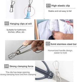 Wasknijpers met haken - Metalen clips - Ophangen en organiseren - Duurzaam roestvrij staal - 95 cm lengte - Zilver — thumbnail 4