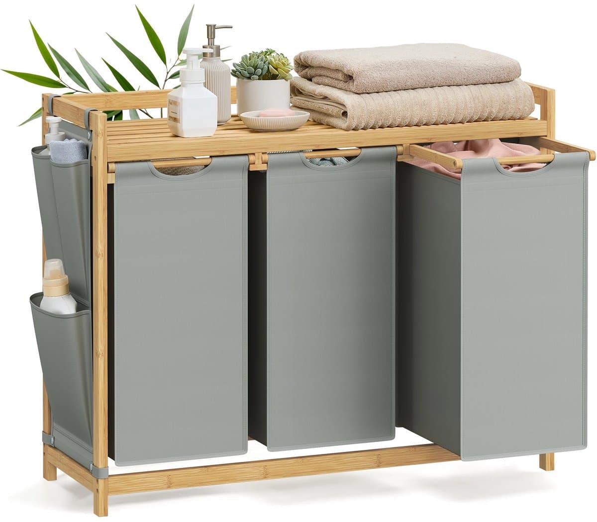 NaevaMi Wasmand 3 Vakken – Wassorteerder - Wasmanden - Wasbox - Wassorteerder 3 vakken - Wasmand Hout - Wasmand Bamboe - 150 liter - 3 Compartimenten - Uitschuifbaar met Plank - 94 x 33 x 78 cm - Grijs — afbeelding 1