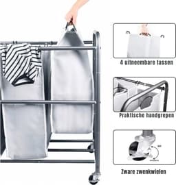 Zyrex® Wassorteerder 4 vakken - Wasmand 4 vakken - Wasmand Op Wieltjes – Grijs - ‎100 x 43 x 80cm — thumbnail 3
