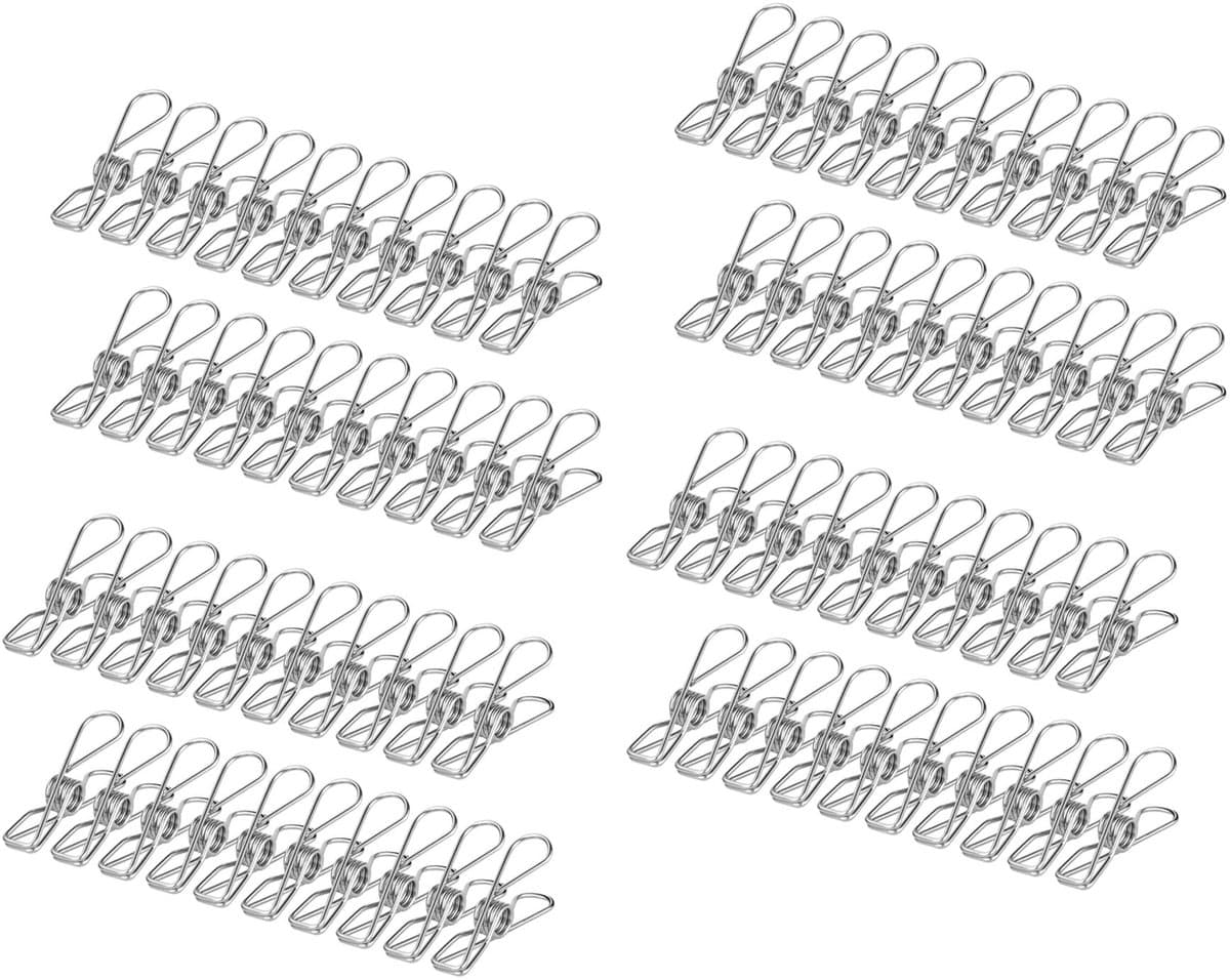 Verpakking van 100 stuks roestvrijstalen wasknijpers - Roestvrijstalen clips - Clips - Clips voor het drogen van dekens - Geschikt voor waslijnen, sokkenrekken, keukens en kantoren - 6,5 cm — afbeelding 1