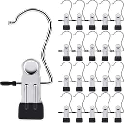 20 washaken - wasknijpers - clips - broekklem - hangerclips - schoenclips - Met haken - draagbare roestvrijstalen kledinghanger voor thuis en op reis - zwart — thumbnail 1