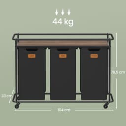 VASAGLE - Wasmand - Wasmand met 3 Vakken - Wassorteerder op Wielen - 150 L Met Opbergrek — thumbnail 2