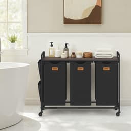 VASAGLE BLH223BH01 - Wasmand met Wieltjes - 3 Vakken - Met Opbergrek - 150 L Capaciteit — thumbnail 3
