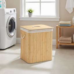 SONGMICS LCB014Y01V1 - Wasmand met Deksel - 2 Vakken - Uitneembare en Wasbare Waszak - Bamboe — thumbnail 3