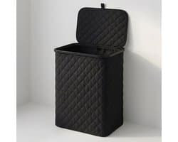 MAZAZU Wasmand met Deksel - Diamond Stitch - 100 Liter - Uitneembare Binnenzak - Bamboe Frame - Zwart - Opvouwbare Wasbox - 44x33x69 cm