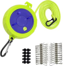 Waslijn uittrekbaar-waslijn camping-waslijndraad-waslijn uittrekbaar buiten-draagbare kampeerwaslijn - Winddichte waslijn voor buiten/binnen/huis/was/hotel - Met 20 winddichte wasknijpers - 10 stoppers - Groen - 10,7 x 8,5 x 5 cm — thumbnail 1