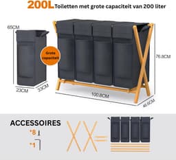 CLGP® Wassorteerder 4 Vakken - Wasmand - 200L - Grijs — thumbnail 2