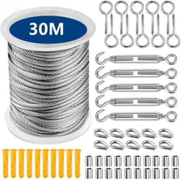 30 meter Seilspannmarkise Compleetset, PVC-beschicht draad 2 mm met roestvrij staal, waslijn voor buiten met 5 spanklemmen en 10 grondankers — thumbnail 1