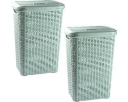 PlasticForte Wasmand met deksel - 2x stuks - 60 liter - lichtgroen - rotan - kunststof - L35 x B43 x H62 cm