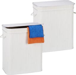 2x wasmand met deksel - 2 vakken - bamboe wasbox - mand voor wasgoed - wit — thumbnail 5