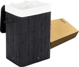 Parya Home - Bamboe Wasmand met Deksel, Katoenen Zak en Handvaten - 72L - Zwart — thumbnail 4