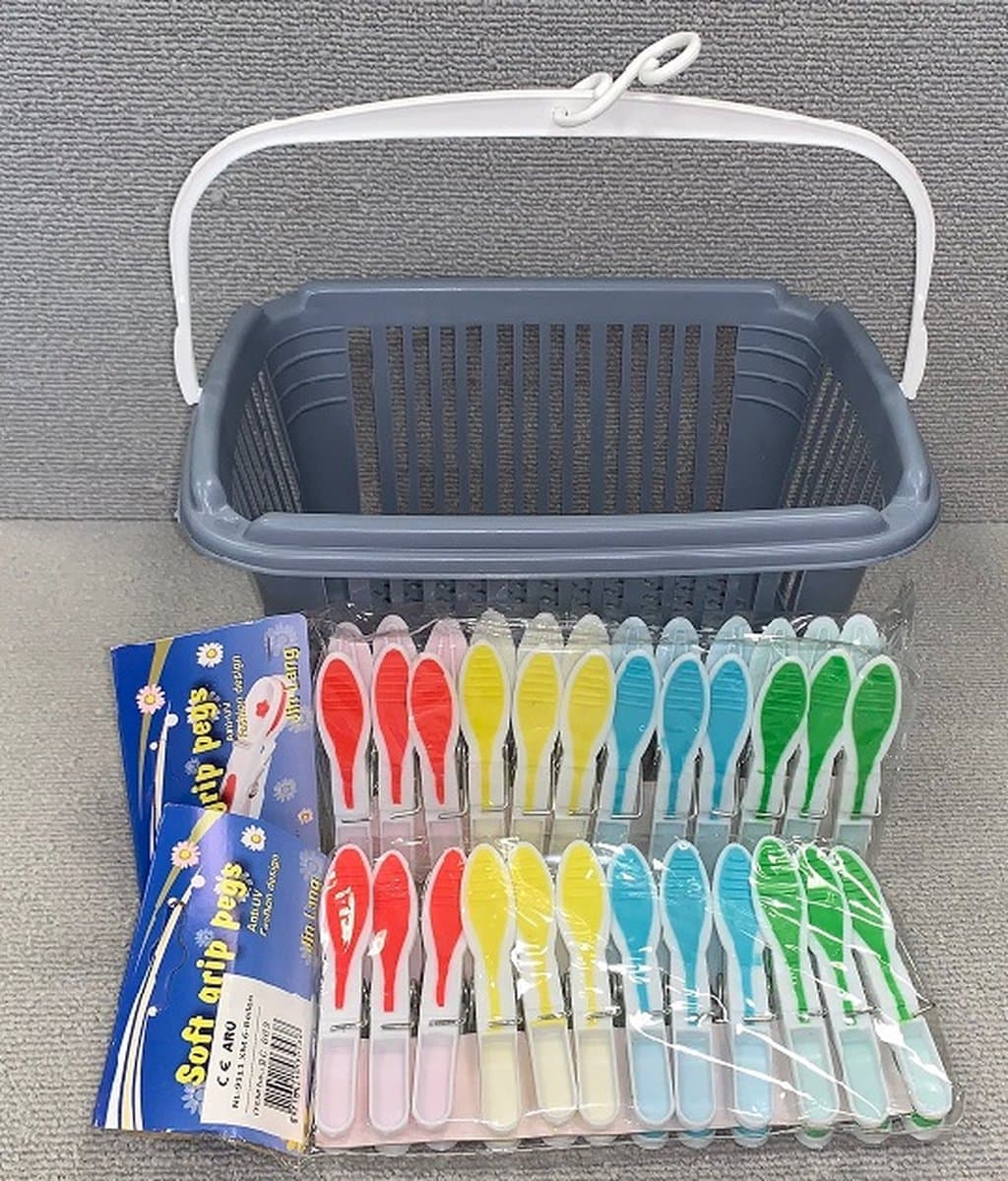 Wasknijpermandje - Wasknijpermand - met 24 Knijpers - Wasknijper- Grijs — afbeelding 1