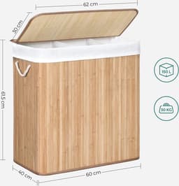 Wasmand met 3 secties, clip-on deksel en handvaten, 150L opvouwbaar, voor wasruimte, slaapkamer, badkamer, Natural LCB091N01 — thumbnail 5