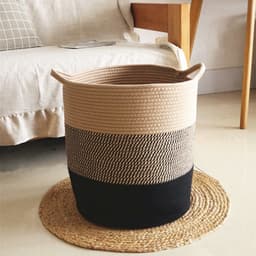 Veelzijdige Katoentouw Geweven Opbergmand met Handvatten - Perfect voor Speelgoed, Was en Schoenen - 35 cm Diameter x 40 cm Hoogte-bruin/zwart — thumbnail 3