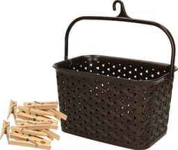 Wasknijpers mandje met ophanghaak - bruin - gevuld met 96x houten wasknijpers van 7 cm - was ophangen — thumbnail 1