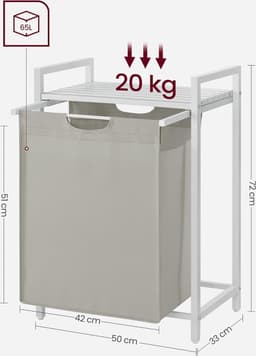 Wasmand, Wasemmer met plank, Wasbox, Waszak van Oxford stof uitschuifbaar, afneembaar, Metalen frame, 65 l, 50 x 33 x 72 cm, zwartgrijs BLH101G01 — thumbnail 4