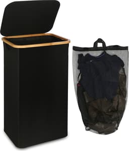 Grote wasmand met deksel, 100 L, vuile mand met handgrepen van bamboe, voor kleding, wasbak Laundry basket XXL, opvouwbaar, met binnenzak met Deksel | Wasbare wasmand | Handdoekopslag | Hamer | Wasbak | Badkameraccessoire — thumbnail 1