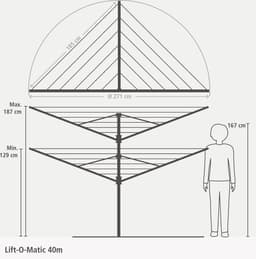Brabantia Lift-O-Matic Droogmolen - 40 m - met Metalen Grondanker - Beschermhoes - Wasknijpertasje en Wasknijpers - Metallic Grey — thumbnail 2