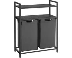 Wasmand, wasbak, wasverdelersysteem met 2 uittrekbare en afneembare zakken en dubbele opbergrek, elke zak met een capaciteit van 46 liter, geschikt voor badkamer of wasruimte, 73 x 33 x 91 cm, zwart