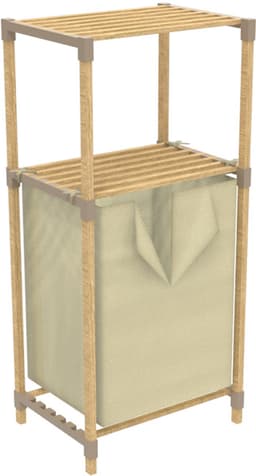 FixWood Houten Wasmand met Opbergplanken – Opbergrek met 2 Niveaus – Badkamer & Slaapkamer – Stijlvol & Stevig – Naturel — thumbnail 1