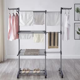 Amolass - Wasrek Inklapbaar - Droogrek - Staand - 4-Laags met Wielen - Grijs - UItschuifbaar - 173x151x49cm - Voor Binnen/Buiten — thumbnail 4