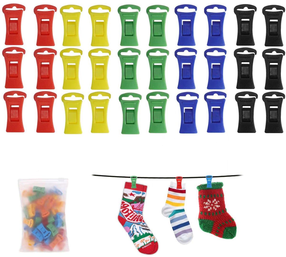 30 stucks wasklemmen - Antislip sokkenhanger - Wasknijpers - Draagbare wasaccessoires - Antislip wasknijpers van kunststof - Houden sokken stevig vast - Geschikt voor waslijnen, kleding en sokken, handdoeken, wasaccessoires - Veelkleurig — afbeelding 1