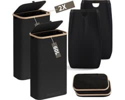 Smalle Wasmand - 60L - 2 Stuks - Wasmanden met Deksel en Waszak - Mand Vuile Was - Opbergmand - Mand - Zwart