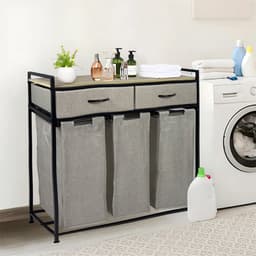 Casayali® TrioSort Wasmanden 150 Liter - Wasmand 3 Vakken - Uitschuifbare Wassorteerder met Laden - Lichtgrijs — thumbnail 4