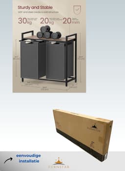FurnStar - Wasmand - Wasmand met 2 compartimenten - Uittrekbare en verwijderbare waszakken - Wassorteerder - Plank - Metalen frame - 2 x 46L - 73 x 33 x 72 cm - Rustiek bruin en grijs — thumbnail 2