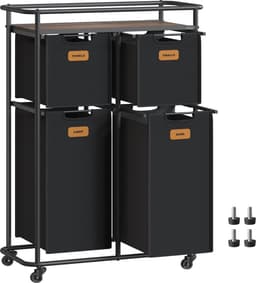 FurnStar - Wassorteerder - wasscheider met wielen - 150 liter - wasmanden - beweegbare waswagen met plank - 4 afneembare vakken - 6 etiketten - 72 x 33 x 109 cm - inktzwart-kastanjebruin — thumbnail 1