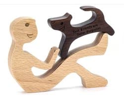 Houten beeldje - Natuurlijk hout - Beeld - Decoratief - Hout - Man - Hond - Tekst - X13