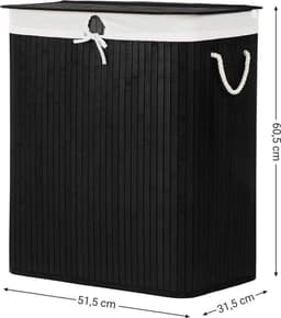 Bamboe Wasmand, 100 L Wasbak, Wasmand Met 2 Compartimenten, Wassorteerder Met Deksel En Verwijderbare Waszak, Katoenen Handgrepen, Zwart — thumbnail 2