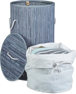 wasmand bamboe - 70 l - opvouwbaar - met deksel en katoenen waszak - Ø 41 cm - grijs — thumbnail 2