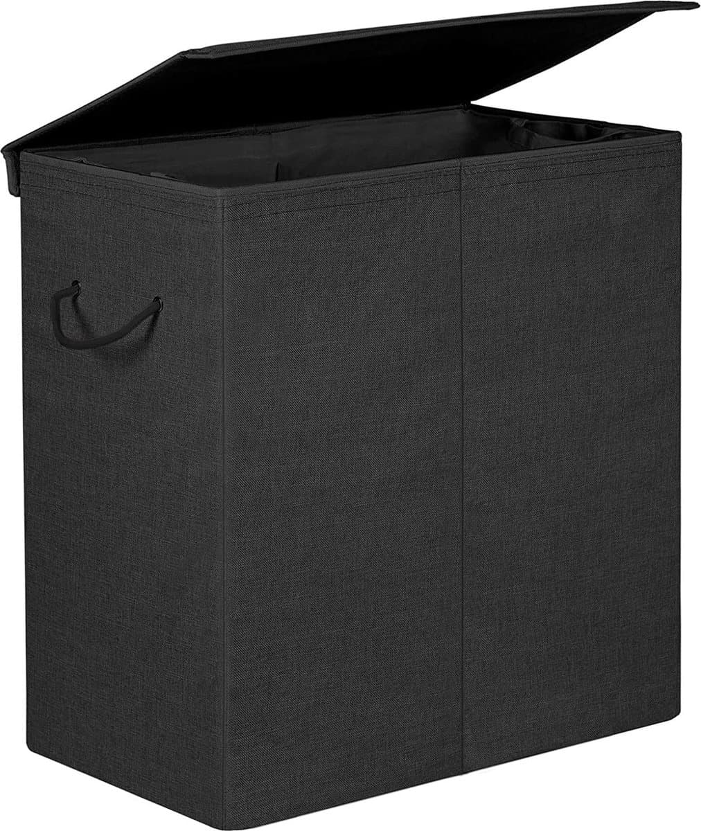 Wasmand 142 L, wasverzamelaar van imitatielinnen, wassorteerder, waskist met aparte vakken, magnetische deksel en handgrepen, opvouwbaar, waszak afneembaar, zwart HMLCB02BK — afbeelding 1