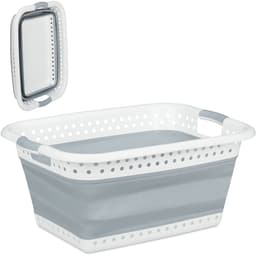 opvouwbare wasmand - met handgreep - kunststof en siliconen - 37 liter - grijs — thumbnail 1