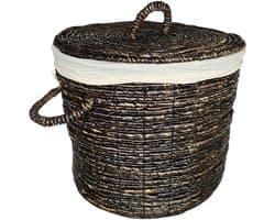 Waterhyacint Wasmand Zwart Gerookt Ø55cm | Linnen Voering & Handvaten | Deksel | Badkamer