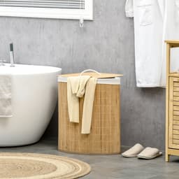 Bamboe wasmand met deksel, 55 liter, wasverzamelaar met handgrepen, uitneembare waszak, hoekwasbak, wasmand voor bijkeuken, badkamer, slaapkamer, 38 x 38 x 57 cm, naturel houtkleur en wit — thumbnail 5